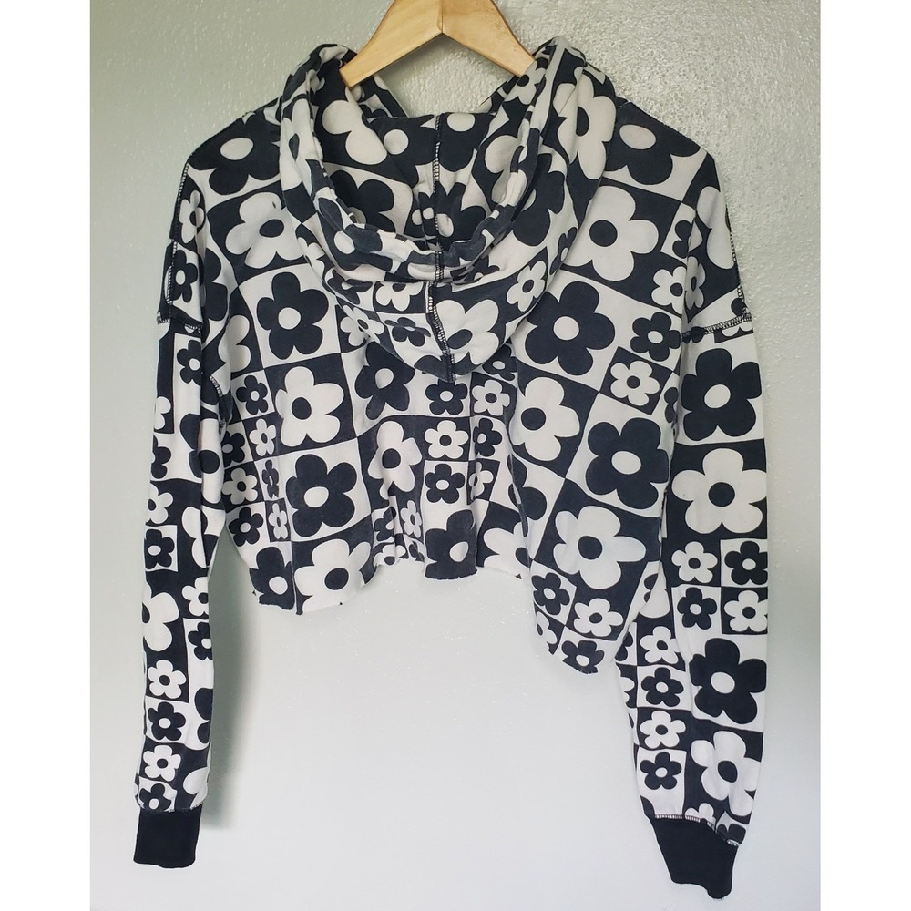 Women's‎ Hoodie Flower Power Black White Pullover 90s Colorblock Mod Retro
